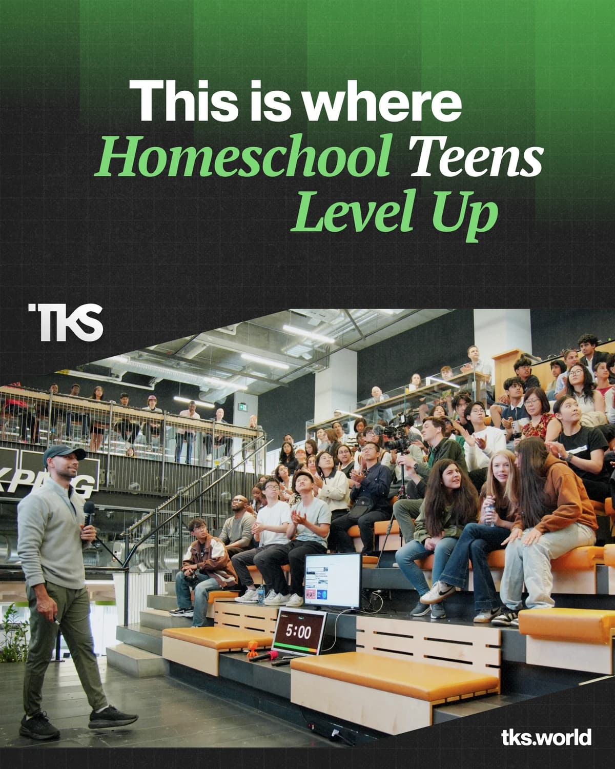 TKS graphic reading This is where Homeschool Teens Level Up, above a photo of a packed TKS amphitheater session